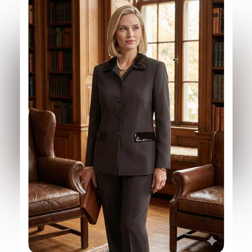 Tahari ASL Chocolate Brown Pant Suit Size 18 Beaded Velvet Collar Dark Academia